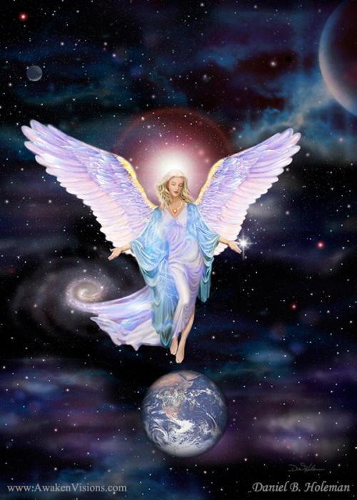 Angel standing above Earth in space