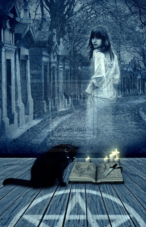 Ghost lady walking away from ritual space with black cat, pentacle, spell book, and candles