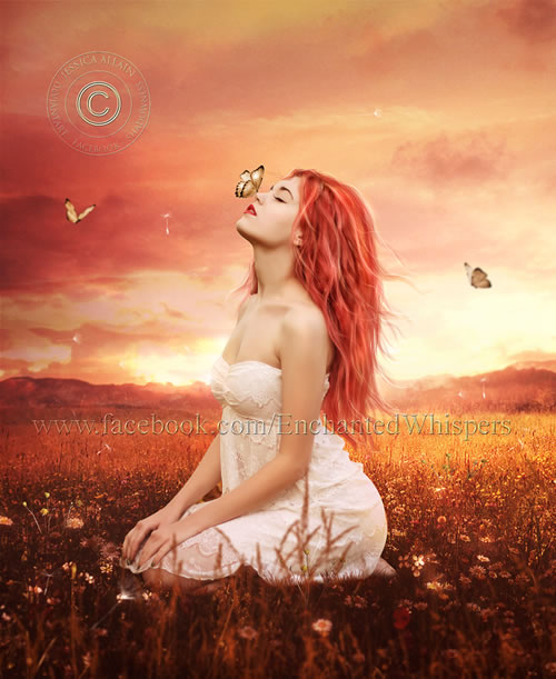 woman in field with butterflies